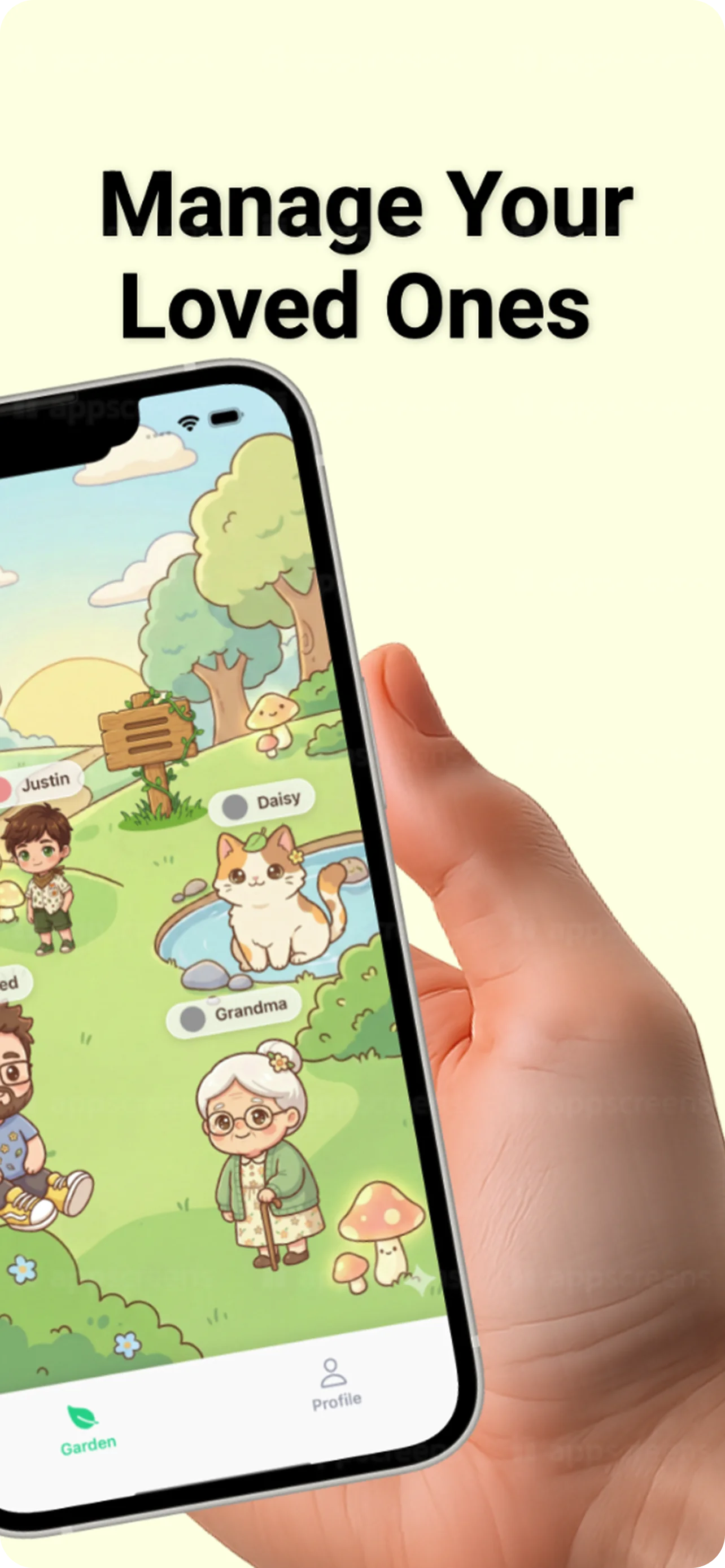 Yutu app home screen with character garden and family medication tracking