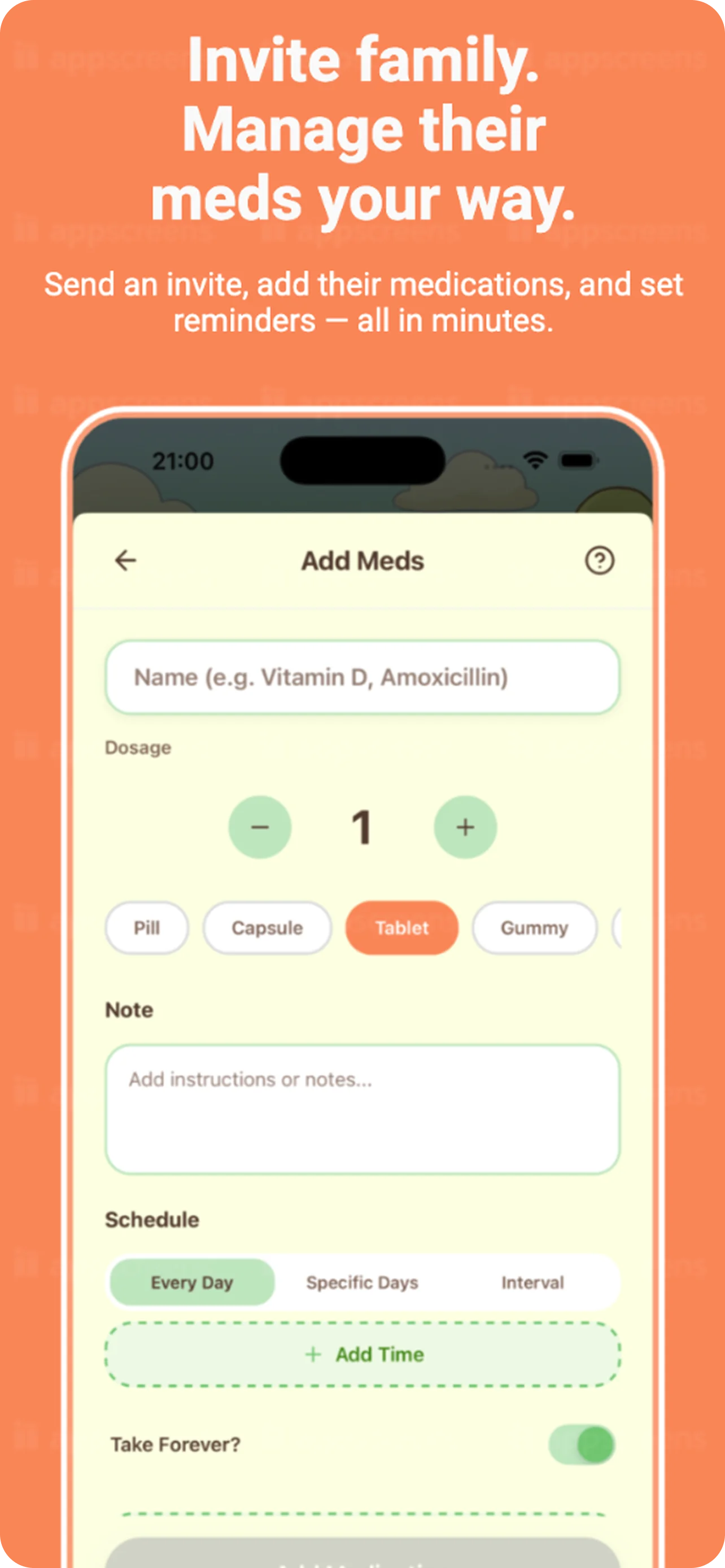 Add medication screen in Yutu with dose schedule and reminder settings