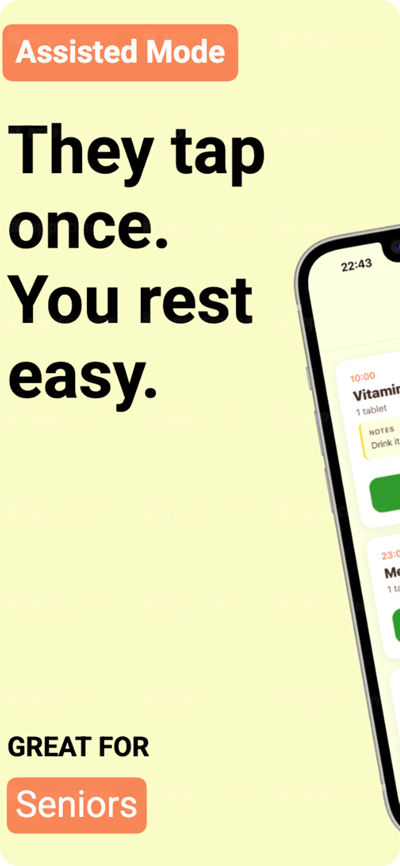 Assisted mode in Yutu with simplified one-tap dose logging for elderly users